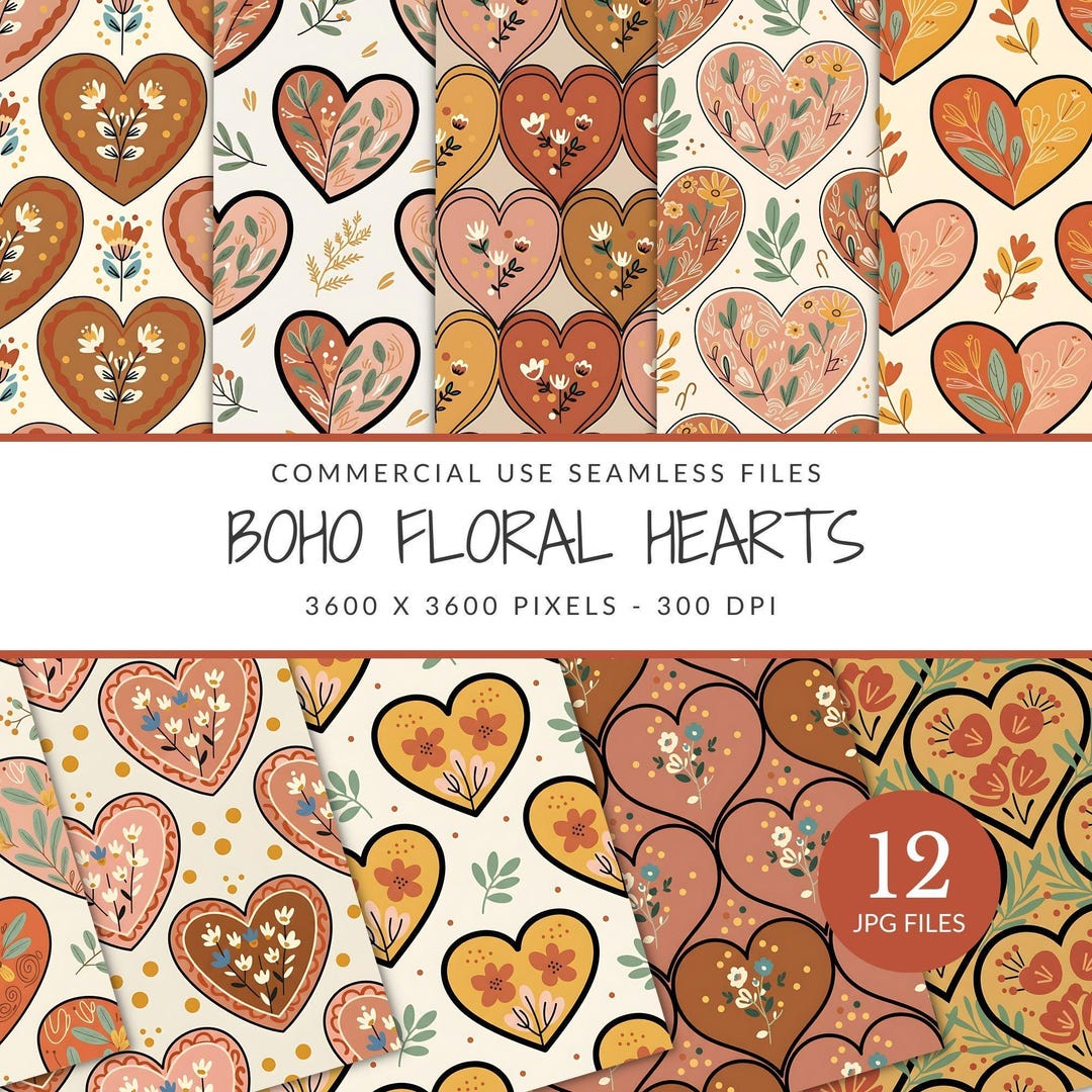 Boho Floral Hearts Seamless Pattern Pack for Commercial Use, Botanical ...