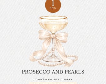 Prosecco och pärlor Clipart Pack för kommersiellt bruk, champagneglas PNG, bruddusch bröllopsdekor (digital nedladdning)
