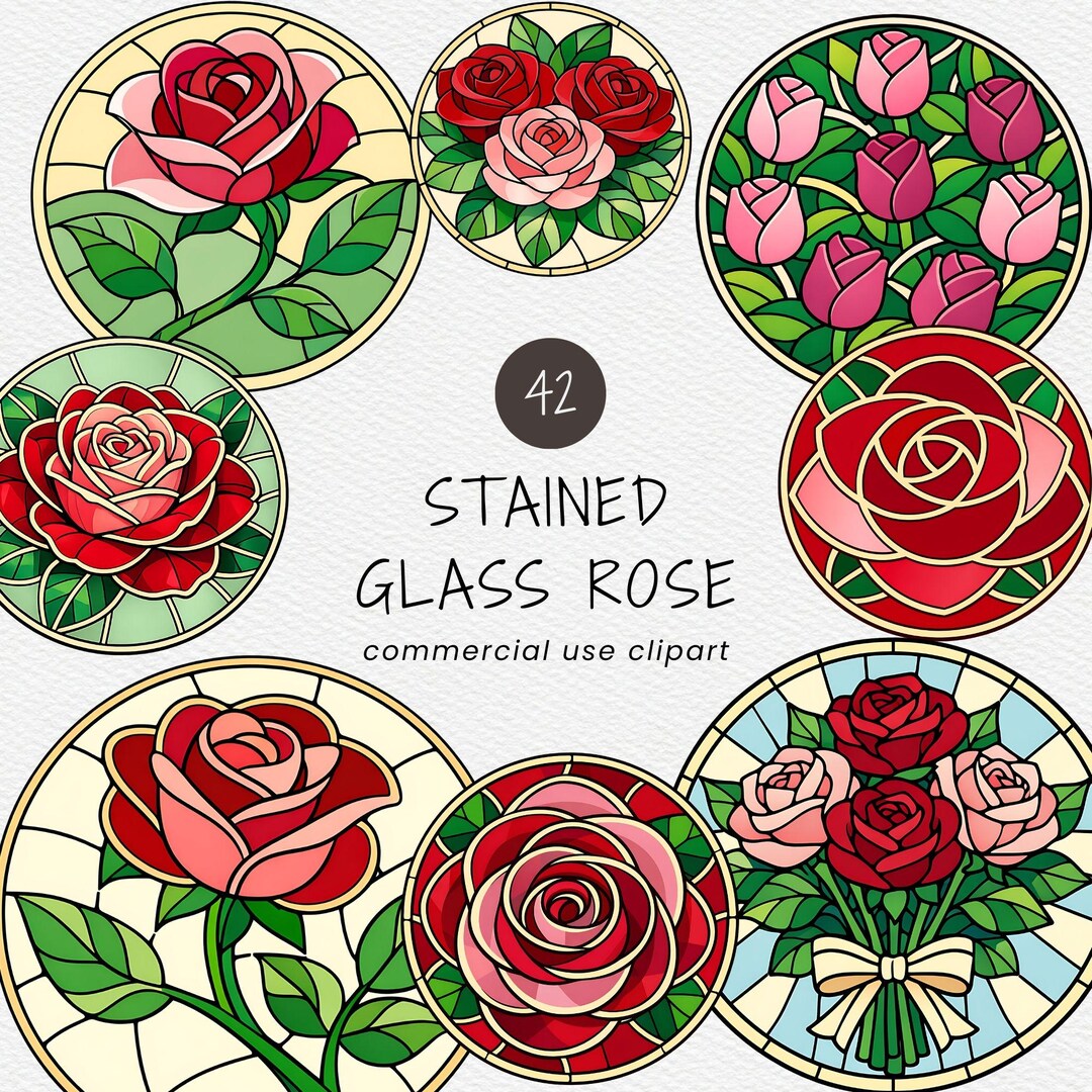 Stained Glass Rose Clipart Pack, Red Rose Window Style Floral ...