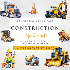 Baustelle Aquarell Clipart Paket, Baufahrzeuge PNG, kommerzielle Nutzung, Kinder DIY Party, Bagger, Planierraupe, Kipplaster, Schutzhelm