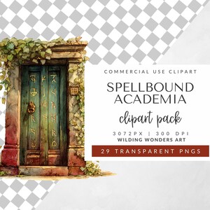 Enchanted watercolor secret door with glowing runes, ivy, and stone frame from Spellbound Academia clipart pack, perfect for fantasy journaling, book cover design, magic school projects, and digital crafting.
