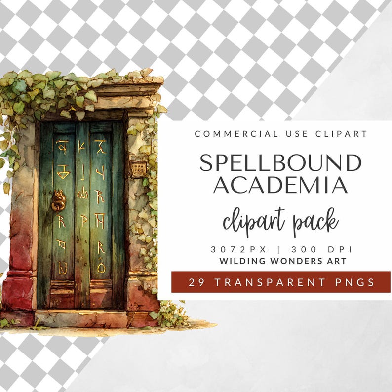 Enchanted watercolor secret door with glowing runes, ivy, and stone frame from Spellbound Academia clipart pack, perfect for fantasy journaling, book cover design, magic school projects, and digital crafting.