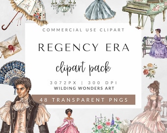 Regency Era Clipart for Commercial Use, Watercolor Victorian Clipart, Regency Era Wedding, Reading Clipart, Vintage Piano, Vintage Florals