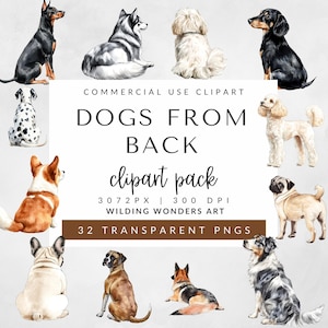 Pack de cliparts chiens du dos pour usage commercial, chiens assis à l'arrière, aquarelle chiens PNG, cadeau pour les amoureux des chiens, créateur de portrait, clipart animal de compagnie