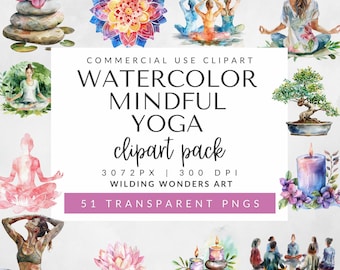Paquete de imágenes prediseñadas de yoga consciente en acuarela para uso comercial: meditación, autocuidado, posturas de yoga, bienestar, imágenes prediseñadas de acuarela, PNG transparentes.