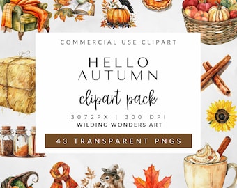 Watercolor Fall Clipart for Commercial Use: Cozy Fall Clipart, Pumpkin, Autumn Bouquets, Thanksgiving, Maple Leaf, Transparent PNG