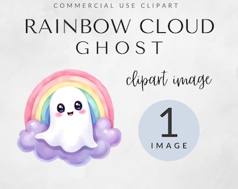 Rainbow Cloud Ghost Clipart Pack for Commercial Use, Kawaii Halloween PNG, Cute Ghost Sublimation, (Digital Download)