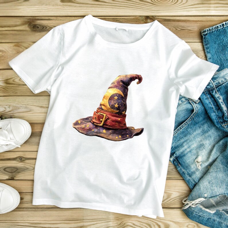 White t-shirt mockup with watercolor wizard hat clipart featuring a purple and gold crescent moon design, perfect for sublimation, dark academia fashion, fantasy apparel, and magic school themes.