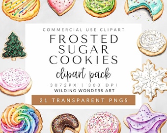 Frosted Sugar Cookie Clipart Pack for Commercial Use, Baking Clipart, Sweet Treats, Watercolor Cookies, Cute Desserts, Sprinkles Cookies