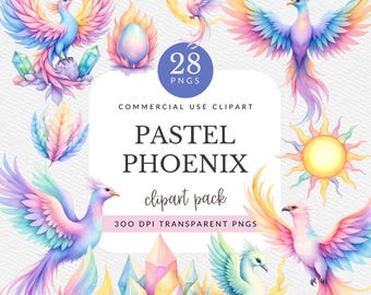 Pastel Phoenix Clipart Pack for Commercial Use, Watercolor Mythical Bird PNGs, Colorful Fantasy Sublimation Elements, (Digital Download)