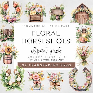 Pacote de clipart de ferradura floral para uso comercial, ferradura rústica PNG, elementos de fazenda, ferradura de flor PNG, design de sublimação