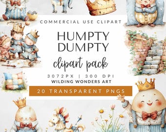 Humpty Dumpty Watercolor Clipart: Storybook Nursery Rhyme Art, Mother Goose Images, Childrens Book PNG Images (Digital Download)