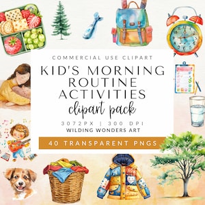 Kids Morning Routine Clipart Commercial Use, Children's Daily Activity Illustration Icons, Watercolor Graphics, Instant Download, PNG Assets