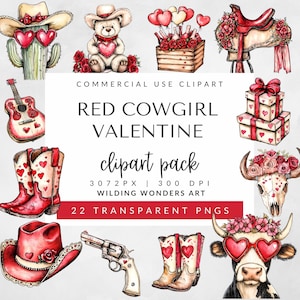 Red Cowgirl Valentine Clipart Pack for Commercial Use, Western Valentine, Valentine’s Day PNG, Cowgirl Coquette, Sublimation Design