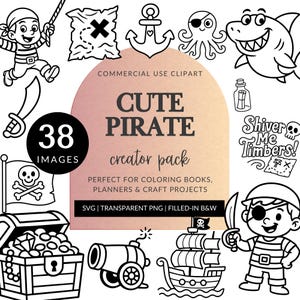 Pack de cliparts noir et blanc pirate mignon pour usage commercial, bateau pirate, pirate garçon fille PNG, carte au trésor, coloriage, téléchargement numérique