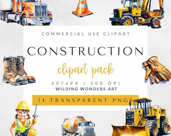 Construction Watercolor Clipart Pack, Construction Vehicles PNG, Commercial Use, Kids DIY Party, Excavator, Bulldozer, Dump Truck, Hard Hat