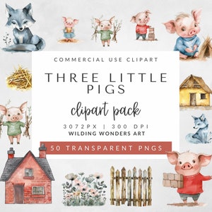 Pacchetto Clipart Three Little Pigs per uso commerciale, filastrocche, illustrazioni di libri di fiabe per bambini, arte delle fiabe, PNG Big Bad Wolf, vivaio
