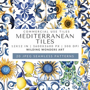 Carrelage méditerranéen sans couture arrière-plans, clipart bleu citron, motif carrelage espagnol & portugais, art méditerranéen, téléchargement numérique