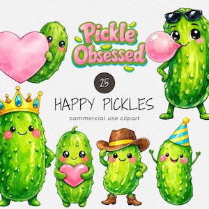 Puede incluir: Una colección de seis ilustraciones de pepinillos verdes con varios accesorios, incluyendo una corona dorada, un sombrero de vaquero marrón, un gorro de fiesta azul y amarillo y corazones rosas. El texto dice Pickle Obsessed, 25, y HAPPY PICKLES commercial use clipart.