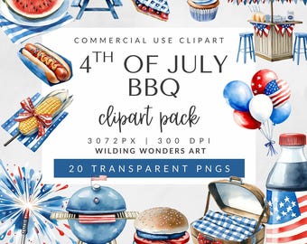 Paquete de imágenes prediseñadas de barbacoa del 4 de julio para uso comercial, gráfico de picnic patriótico, arte para fiesta de barbacoa de verano, imágenes prediseñadas de festividad estadounidense, descarga digital