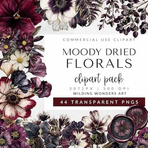 Pack de cliparts fleurs séchées de mauvaise humeur pour un usage commercial, aquarelle de fleurs, clipart floral de mauvaise humeur, rose gothique, clipart mariage, téléchargement numérique