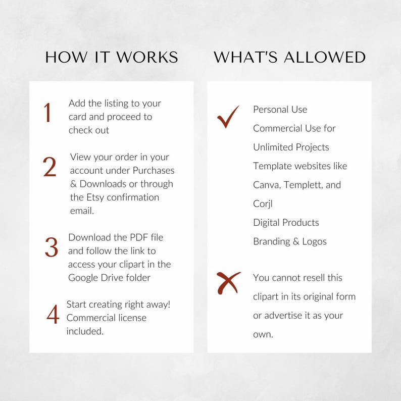 Instructions for downloading and using the Spellbound Academia clipart pack for personal and commercial projects with allowed uses for digital and physical products, plus license details.