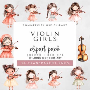 Pacchetto Clipart di ragazze con violino per uso commerciale, Clipart acquerello, Strumenti musicali, Ragazza con violino PNG, Immagine musicale per bambini, Ragazza musicista PNG
