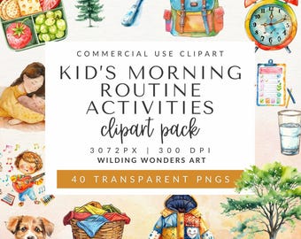 Kids Morning Routine Clipart Commercial Use, Children's Daily Activity Illustration Icons, Watercolor Graphics, Instant Download, PNG Assets