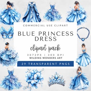 Aquarel blauwe prinses jurk clipart voor commercieel gebruik, aquarel prinses, verjaardag prinses png, blauwe prinses jurk, prinsessenfeestje