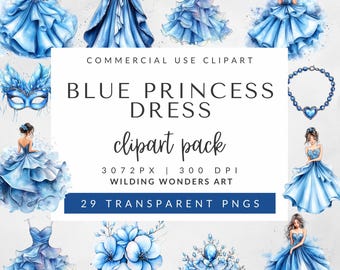 Watercolor Blue Princess Dress Clipart for Commercial Use, Watercolor Princess, Birthday Princess Png, Blue Princess Dress, Princess Party