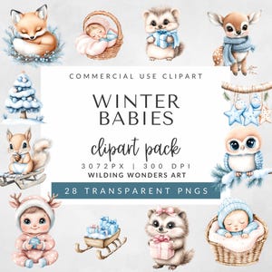 Pack de cliparts bébés hiver pour usage commercial, clipart Noël, bébés animaux, Noël de la forêt, aquarelles animaux, clipart baby shower