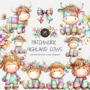 Pacchetto di clipart di mucche delle Highlands patchwork per uso commerciale, grafica di animali da fattoria in colori pastello, set di PNG per sublimazione primaverile (download digitale)