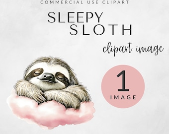 Klipart - śpiący leniwiec do użytku komercyjnego, słodki leniwiec w formacie PNG, akwarelowa ilustracja leniwca, wystrój pokoju dziecięcego, baby shower, POBIERANIE CYFROWE