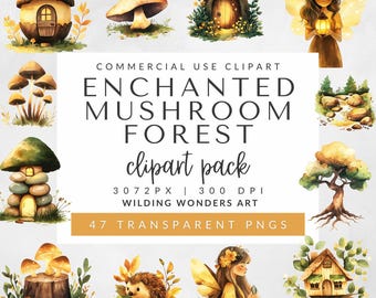 Enchanted Mushroom Forest Clipart Pack for Commercial Use, Fairy Garden, Magical Mushrooms, Fantasy Woodland Clipart, Fairy Tale Graphics