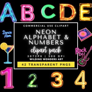 Neon Alphabet and Numbers Clipart for Commercial Use, Bulletin Board, Bright Letter Clipart, Classroom Door Decor, Neon Sign Letters