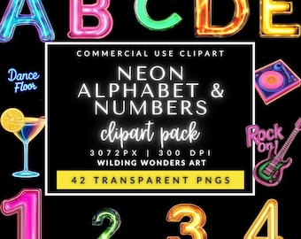 Neon Alphabet and Numbers Clipart for Commercial Use, Bulletin Board, Bright Letter Clipart, Classroom Door Decor, Neon Sign Letters