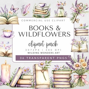 Paquete de imágenes prediseñadas de libros y flores silvestres para uso comercial, imágenes prediseñadas de libros florales, imágenes prediseñadas de amantes de los libros, flores silvestres, imágenes prediseñadas de lectura, descarga digital