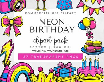 Paquete de imágenes prediseñadas de fiesta de cumpleaños de neón para uso comercial, imágenes prediseñadas de cumpleaños, fiesta de neón, fiesta de cumpleaños de los 90, arcoíris de neón PNG, descarga digital