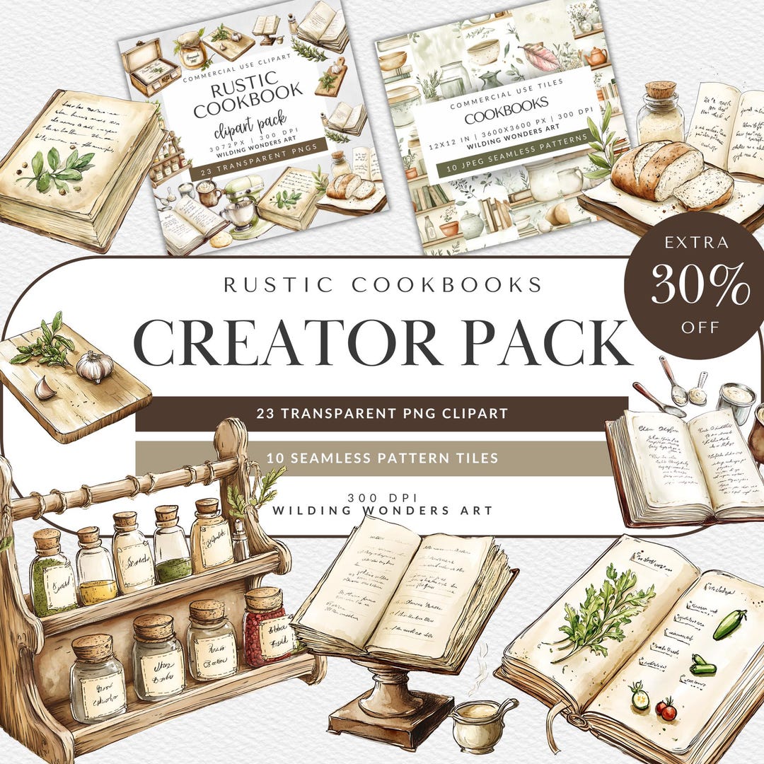 Recipe Graphics Rustic Rustic Cookbook Creator Pack for Commercial Use, Watercolor Kitchen ...