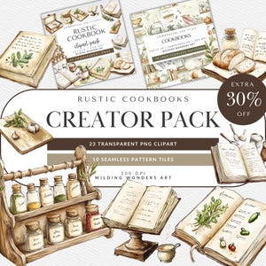 Rustic Cookbook Creator Pack for Commercial Use, Watercolor Kitchen Clipart, Baking Graphics, Recipe Book Patterns, (Digital Download)