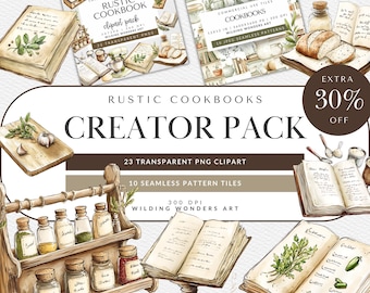 Rustic Cookbook Creator Pack for Commercial Use, Watercolor Kitchen Clipart, Baking Graphics, Recipe Book Patterns, (Digital Download)