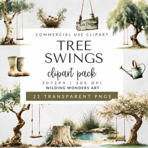 Tree Swings Clipart Pack for Commercial Use, Rustic Watercolor Cottagecore Graphics, Tire Swing Image, Floral Tree, DIGITAL DOWNLOAD