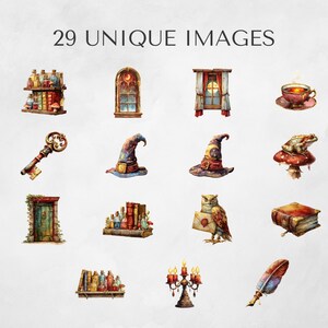 Watercolor digital clipart set preview showing books, magical objects, wizard hats, enchanted keys, potion bottles, lantern, moon pendant, and gothic fantasy items for digital crafting.
