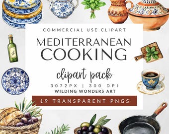Mediterranean Cooking Clipart Pack for Commercial Use, Watercolor Kitchen Clipart, Rustic Food, Olive Oil, Blue Tiles, DIGITAL DOWNLOAD