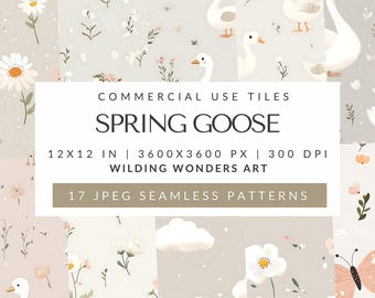 Patrones sin costuras de ganso de primavera para uso comercial, mosaicos repetidos, ganso tonto, estilo cottagecore, gansos de Pascua, papel digital, descarga digital