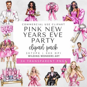 Pack de cliparts rose pour le réveillon du Nouvel an pour un usage commercial, des cliparts fête 2025, champagne et ballons, des cliparts célébration, aquarelle nouvel an PNG