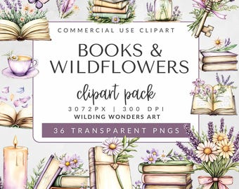 Bücher & Wildblumen Clipart Pack für kommerzielle Nutzung, Blumenbuch Clipart, Buchliebhaber Clipart, Wildblumen, Lese Clipart, DIGITALER DOWNLOAD