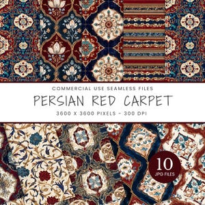 May include: A collection of ten seamless digital files featuring Persian red carpet patterns with intricate floral motifs, geometric shapes, and ornate borders in shades of deep red, navy blue, cream, and gold, labeled Commercial Use Seamless Files.