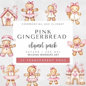 Pink Gingerbread Girls clipart voor commercieel gebruik, aquarel peperkoekkoekjes, kerstafbeeldingen, winterpngs, roze kerstkoekjes