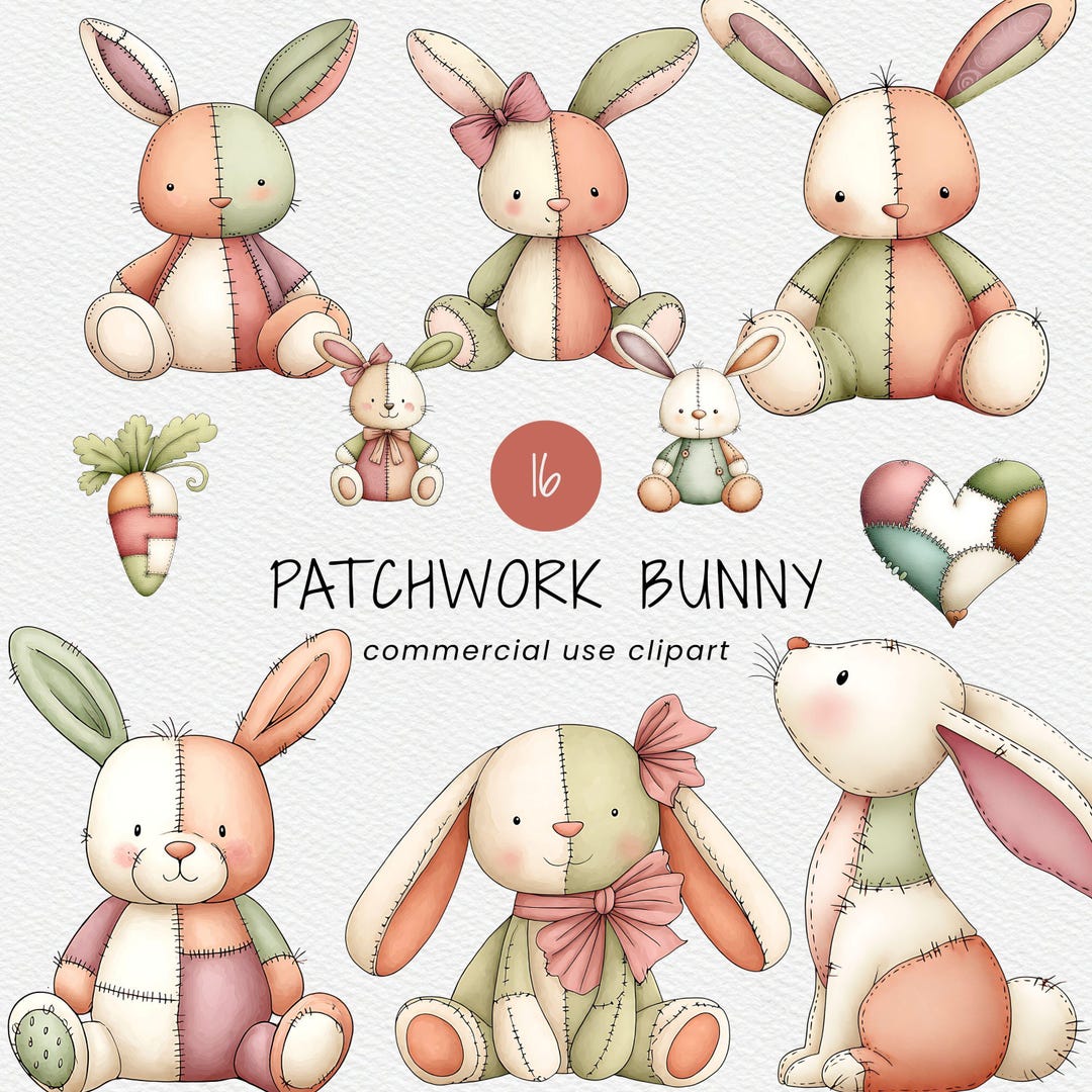 Patchwork Rabbit Oc Patchwork Bunny Clipart Pack for Commercial Use, Quilted Animal Pngs ...
